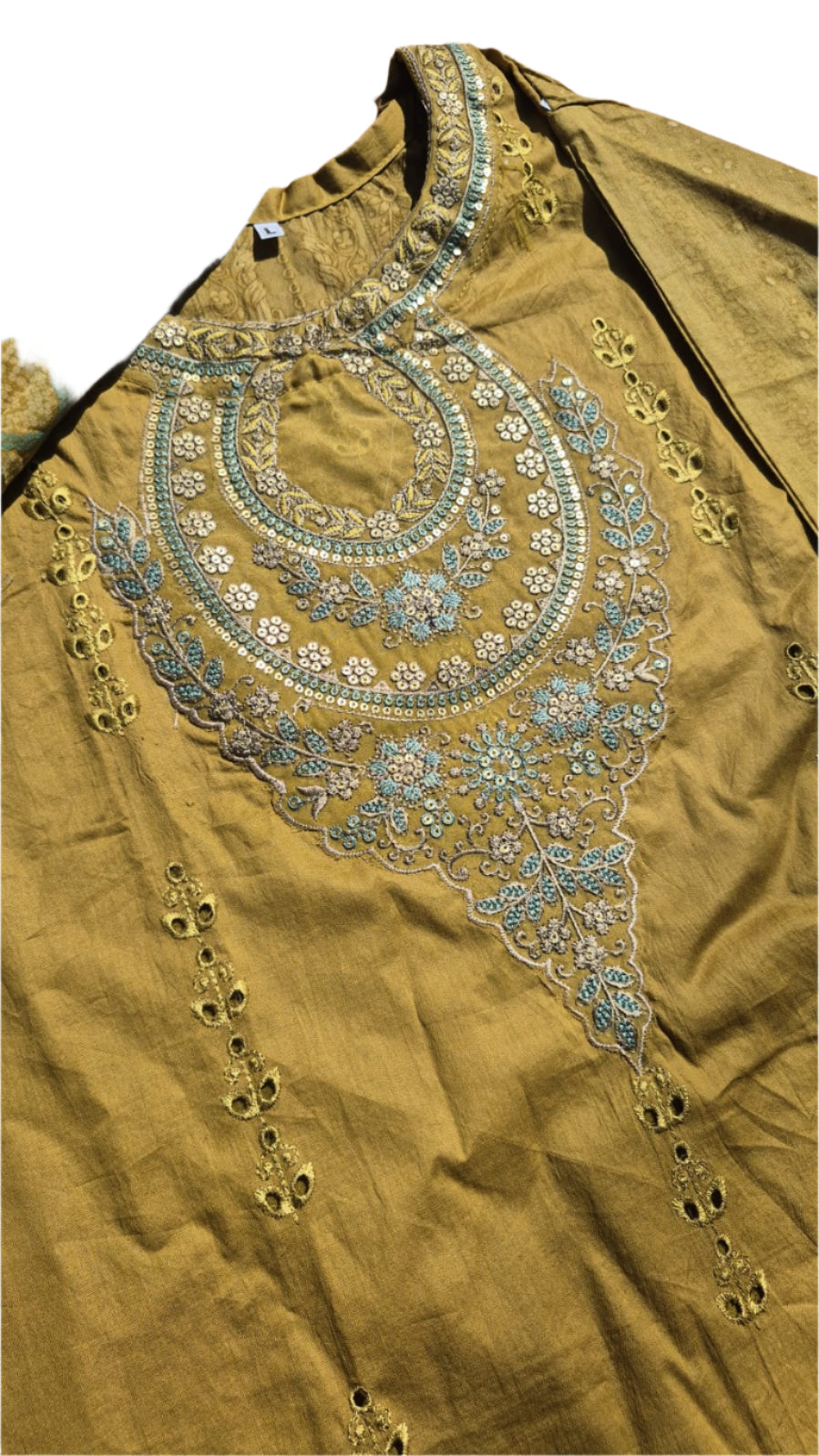 Lawn three piece Mendi Green and mustard/Maroon and Blue