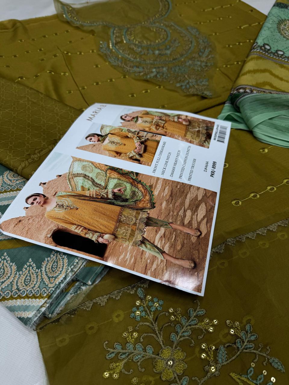 Lawn three piece Mendi Green and mustard/Maroon and Blue